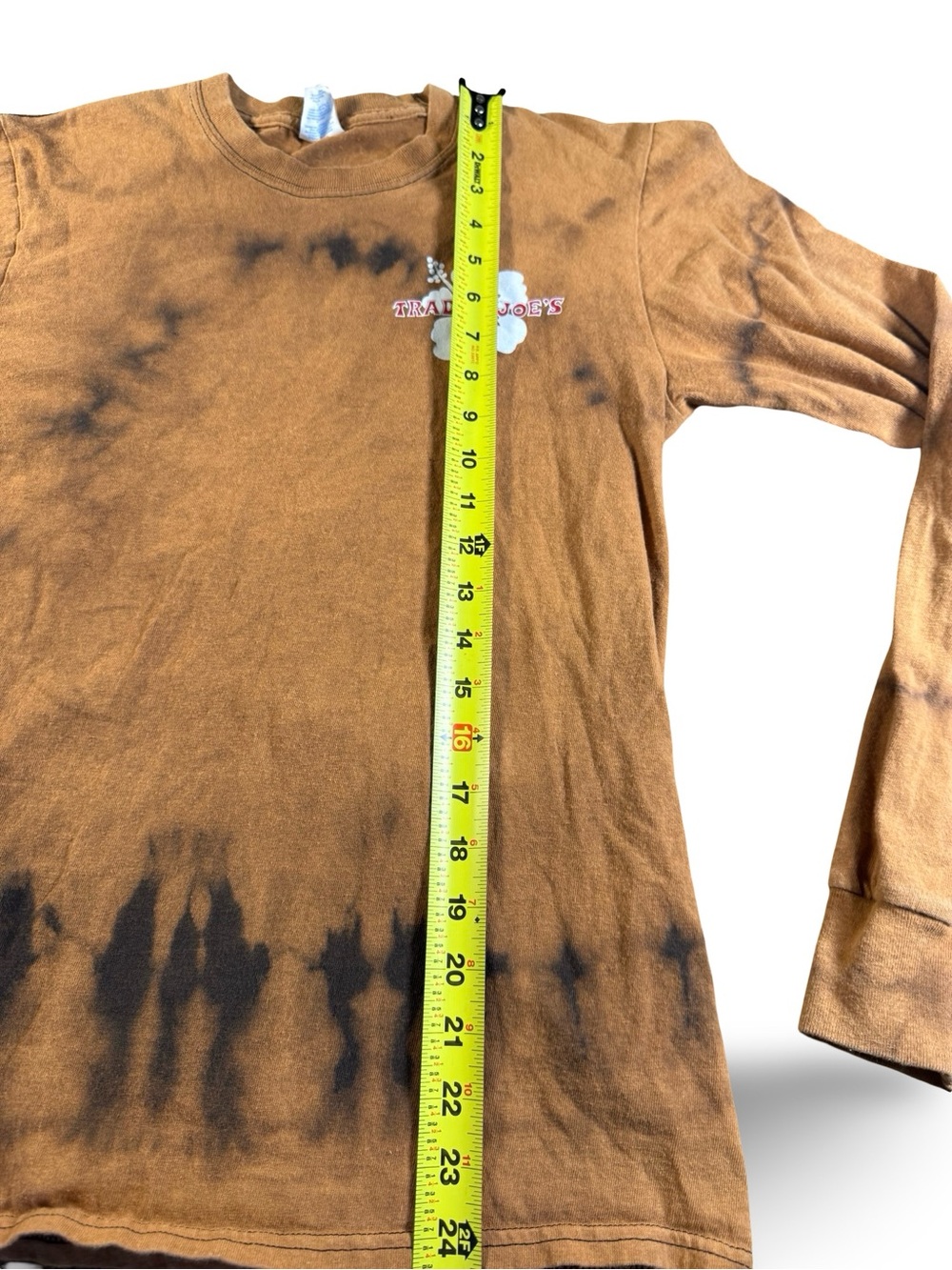 Trader Joe's Long Sleeve Shirt Brown Tie Dye Hibiscus Logo Port & Company Small - Picture 12 of 13